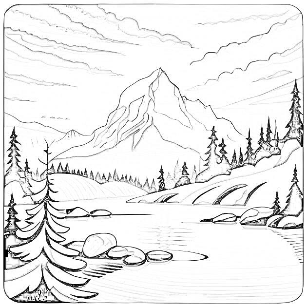 Dessin de paysage montagnes et lac