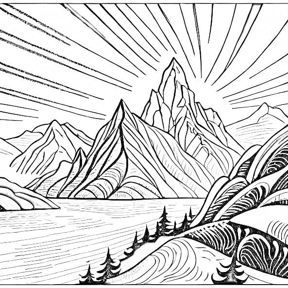 Un dessin en noir et blanc d'une montagne et d'une rivière