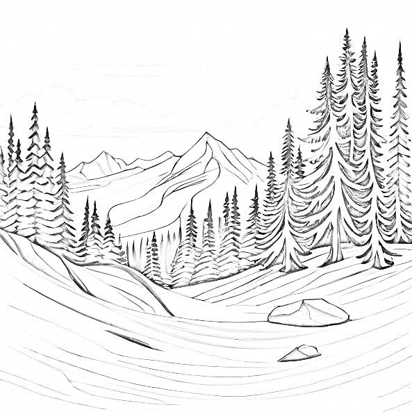 Dessin d'un paysage représentant une foret avec une montagne en arrière plan