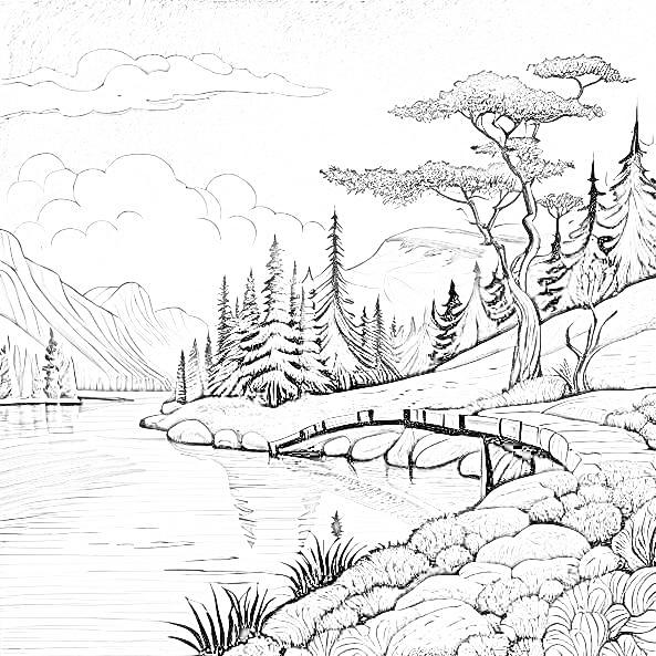 Dessin au crayon d'un paysage avec un pont, un lac avec des arbres sur la rive et des collines en arrière plan