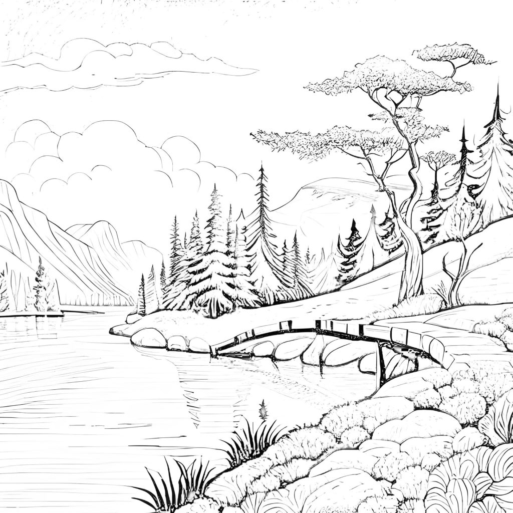 Dessin au crayon d'un paysage avec un pont, un lac avec des arbres sur la rive et des collines en arrière plan