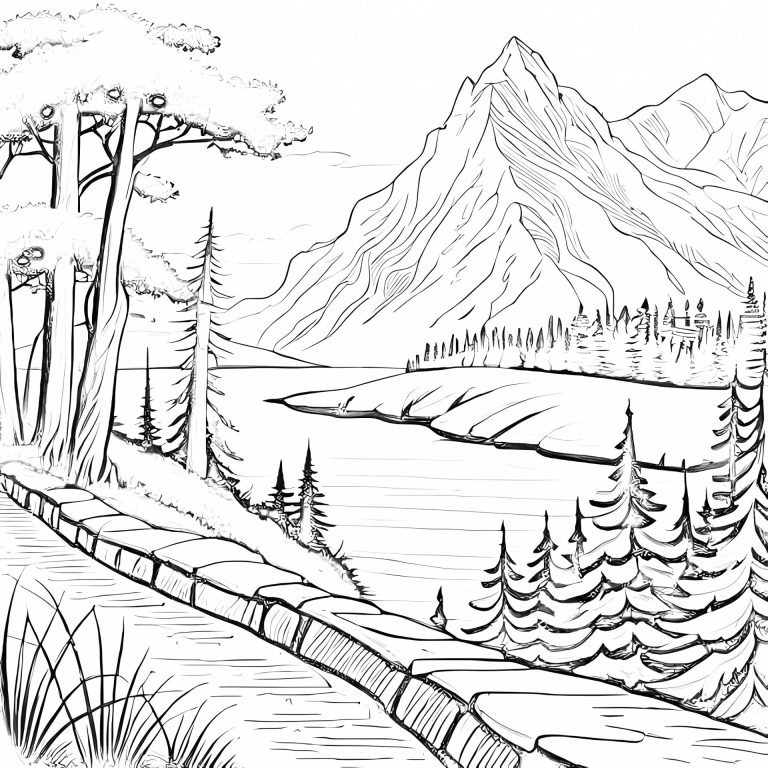 Dessin de paysage en noir et blanc qui représente une route sinueuse qui mène à une chaîne de montagnes et un lac entre les deux