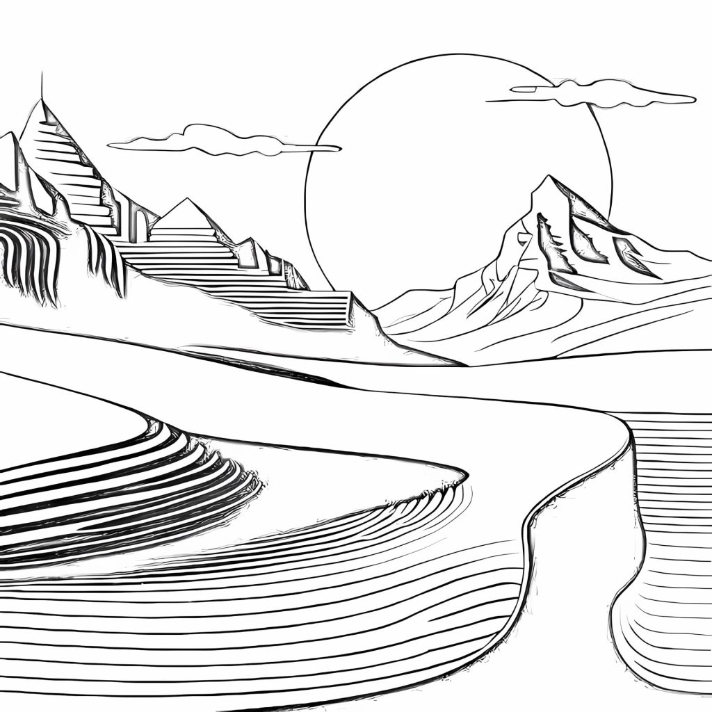 Dessin d'un paysage représentant un désert avec des montagnes et un coucher de soleil en arriere plan