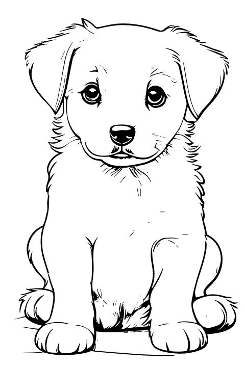 Dessin représentant un petit chiot mignon assis, de face pour coloriage