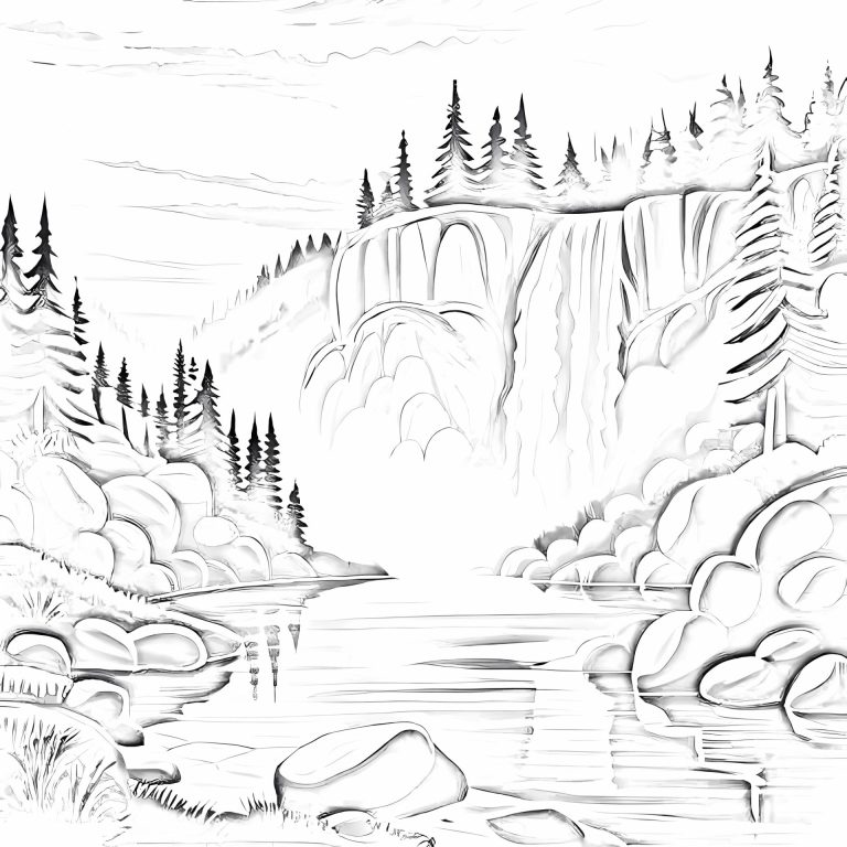 Dessin de paysage représentant une cascade, une rivière entouré d'arbres et une montagne en arrière plan