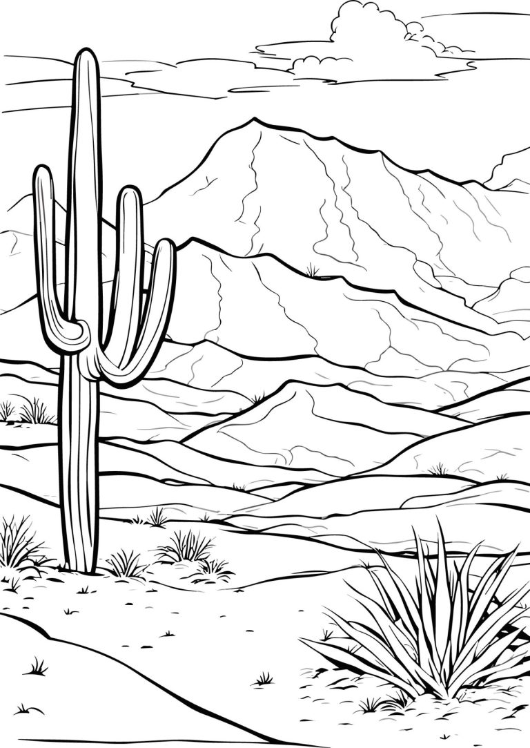 Dessin en noir et blanc représentant un paysage désertique avec un cactus au premier plan et une colline derrière