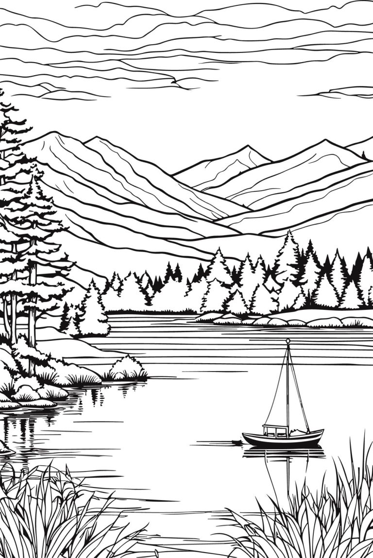 Dessin représentant un petit bateau sur un lac paisible, en arrière plan on observe une forêt et une chaîne de montagne