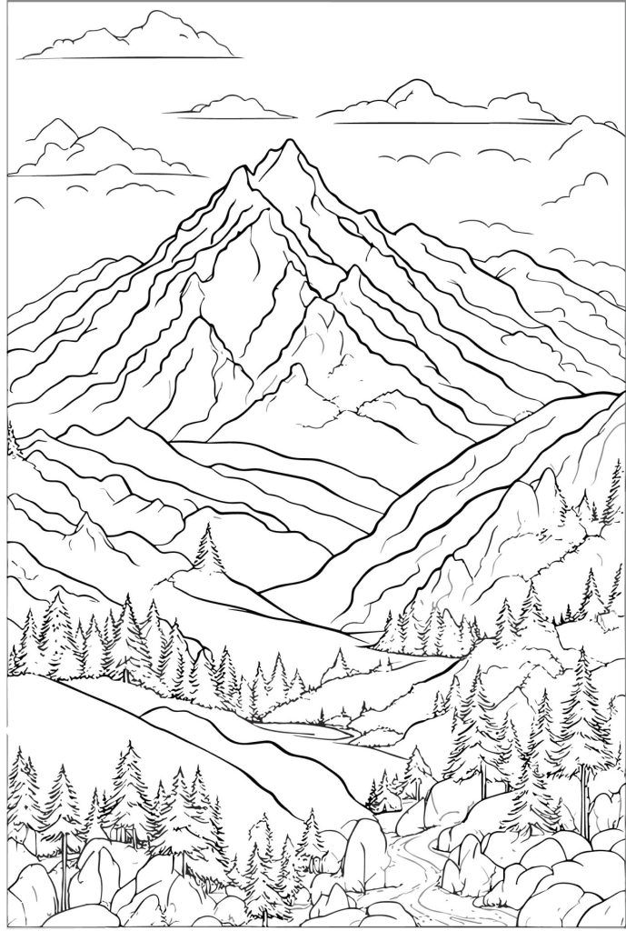 Dessin en noir et blanc de montagnes en arrière plan avec des arbres au premier plan, dessin représentant une scène en hiver