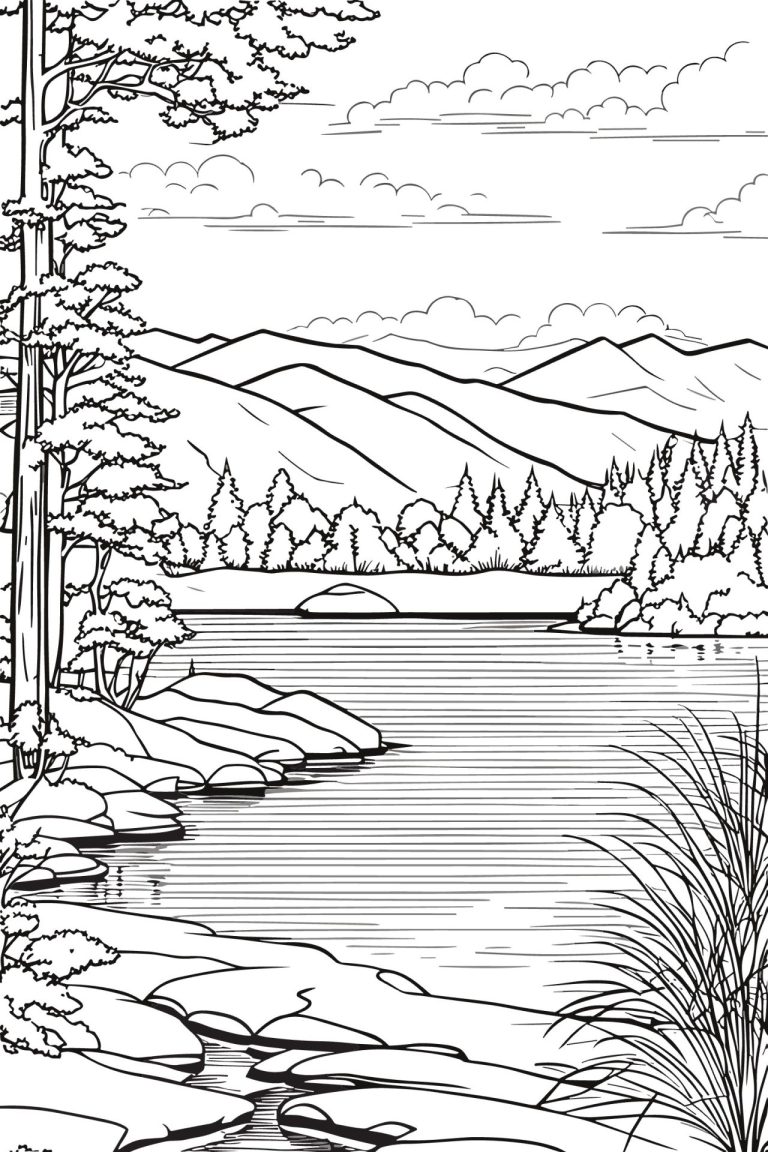 Dessin en noir et blanc où l'on peut voir un lac avec des arbres sur les rives et une montagne en arrière plan