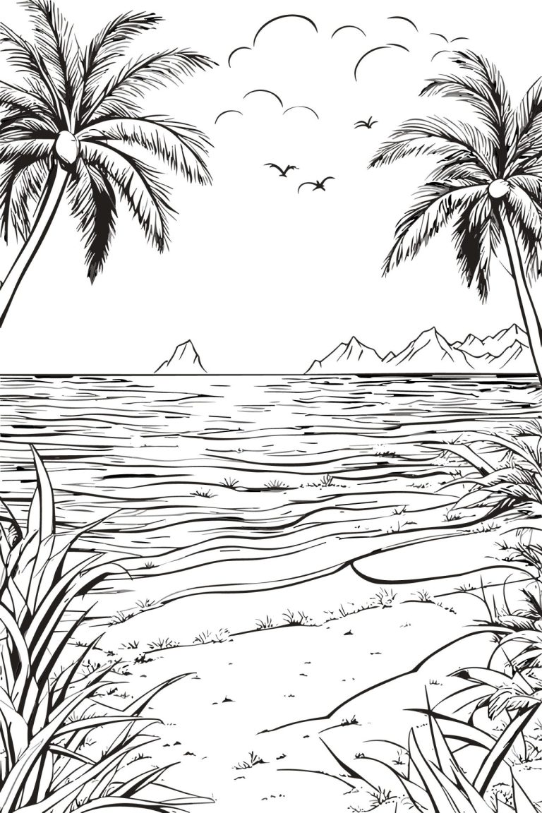 Dessin en noir et blacn représentant une prise de vue sur un plage avec des cocotiers à droite et à gauche et des falaises en arrière plan