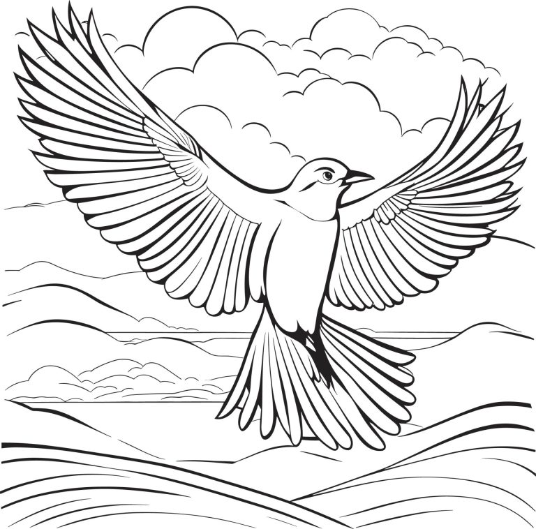 Image représentant un Dessin en noir et blanc d'un oiseau qui vole dans les nuages