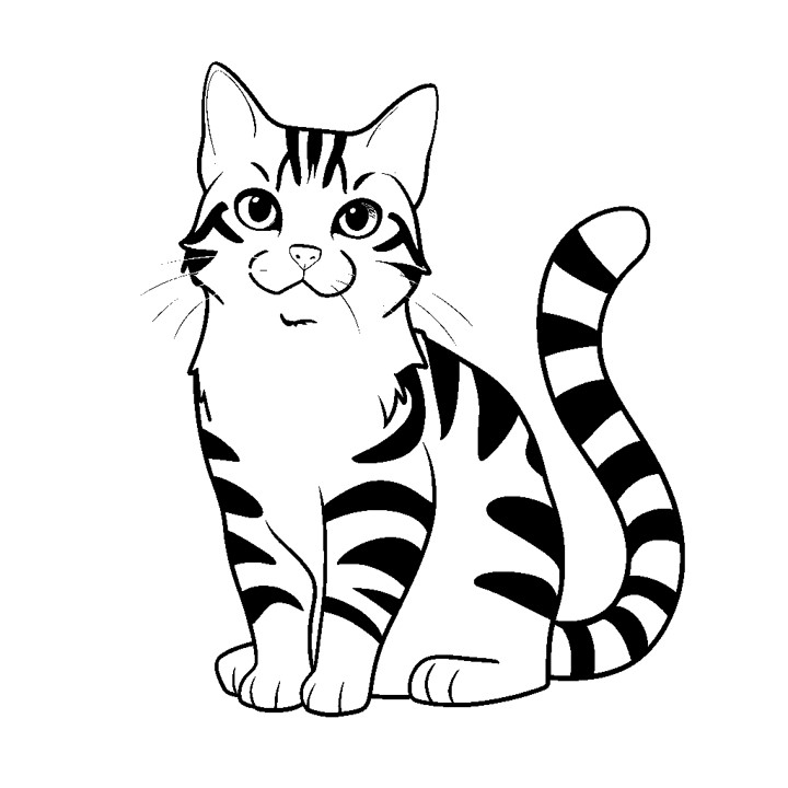 Dessin en noir et blanc d'un chat avec des rayures style cartoon qui sourit et qui est assis