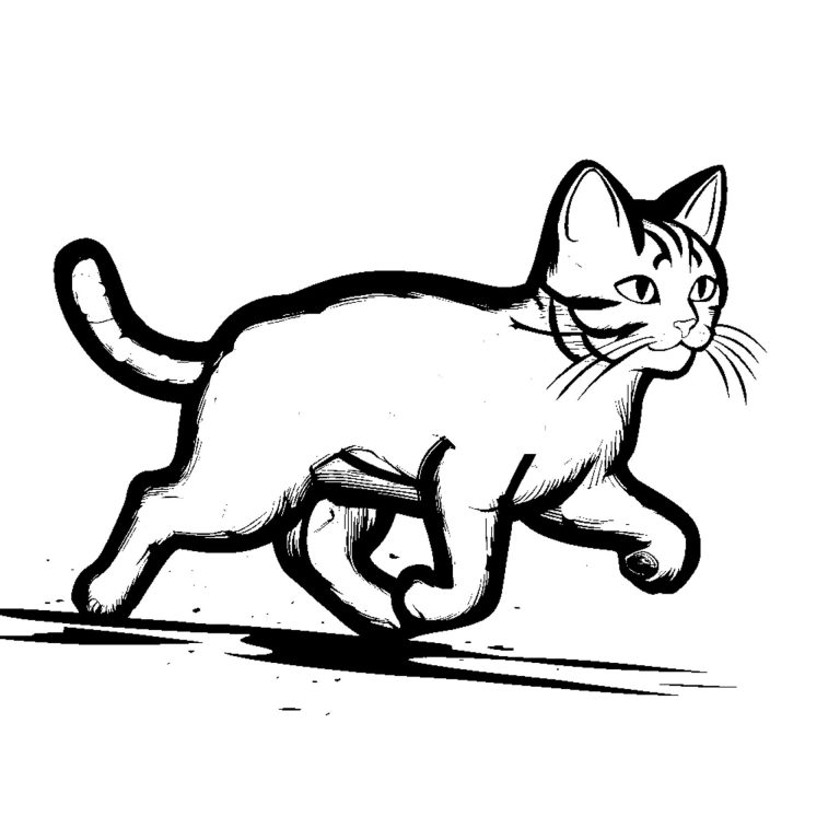 Dessin en noir et blanc d'un chat en train de courir, pour coloriage avec gros contour