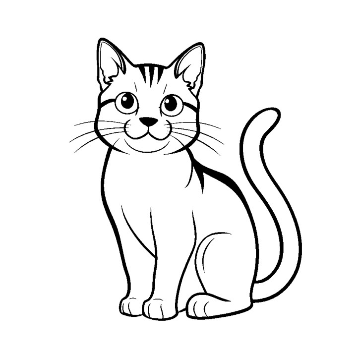 Dessin en noir et blanc d'un chat assis et qui sourit simple pour coloriage ou à utiliser comme modèle