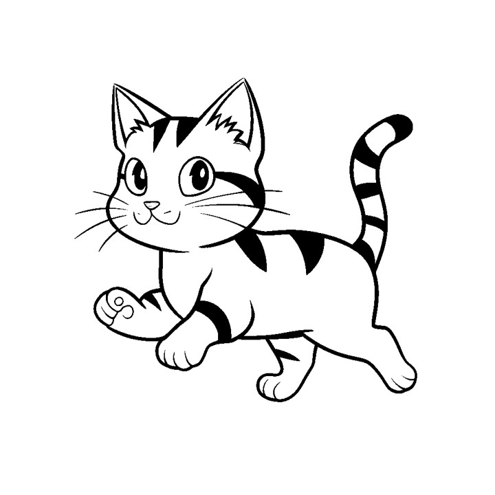 Dessin en noir et blanc d'un petit chaton en train de s'amuser en courant, idéal pour le coloriage