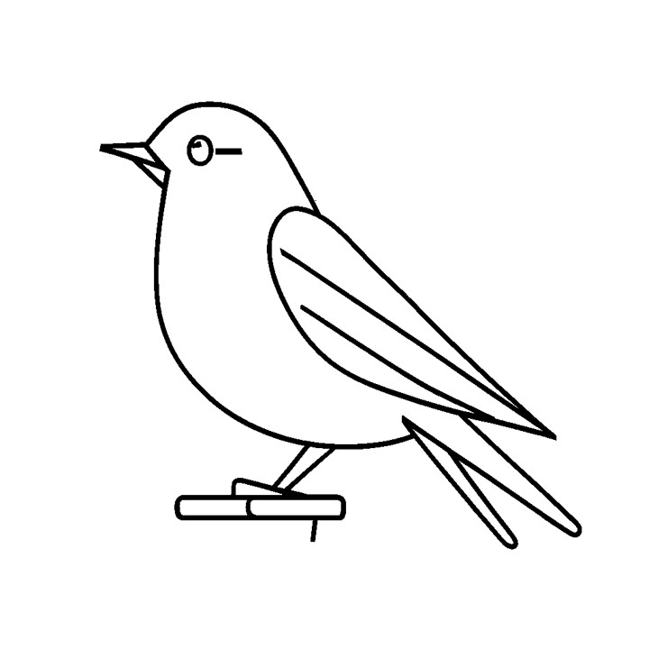 Dessin en noir et blanc d'un oiseau facile à reproduire perché sur un petit bout de bois