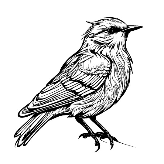 Dessin réaliste en noir et blanc d'un oiseau où l'on voit bien le détail des plumes