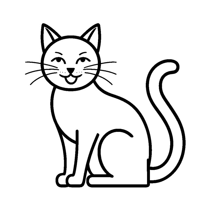 Dessin simple et facile en noir et blanc d'un chat souriant assis avec contour épais