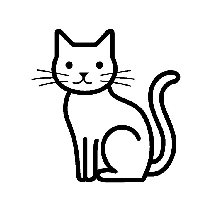 Dessin en noir et blanc représentant un chat assis, très simple et facile avec contours épais