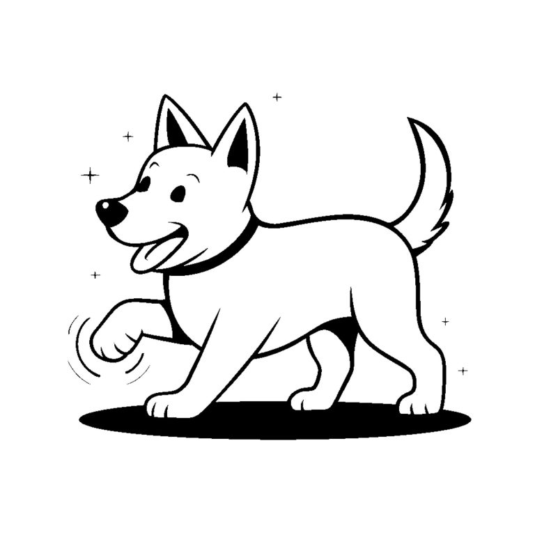 Dessin en noir et blanc style cartoon d'un chien avec la patte avant droite qui est levée