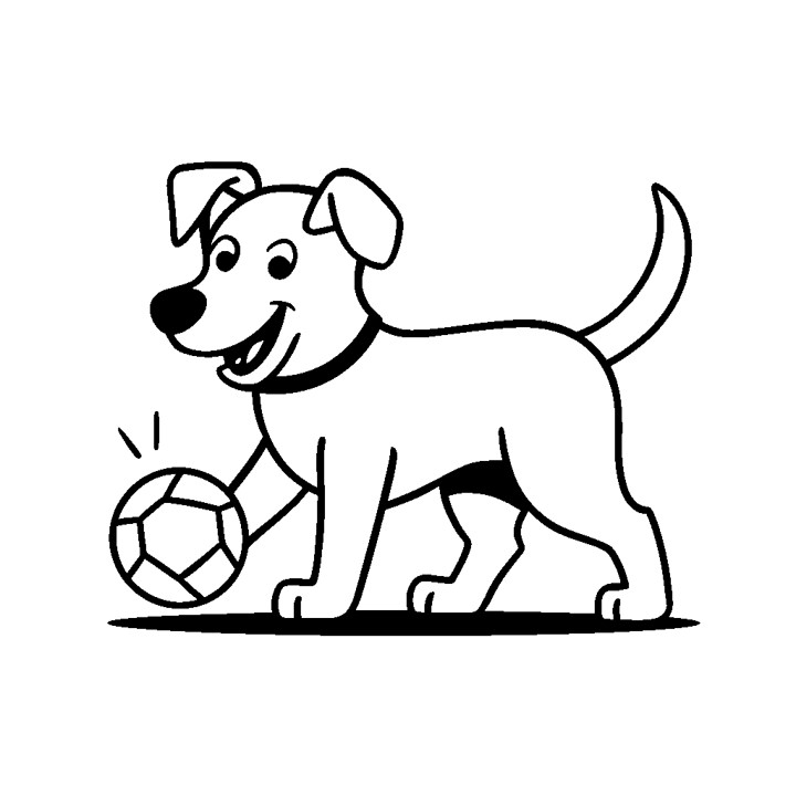 Dessin en noir et blanc d'un chien en train de jouer avec un ballon de foot