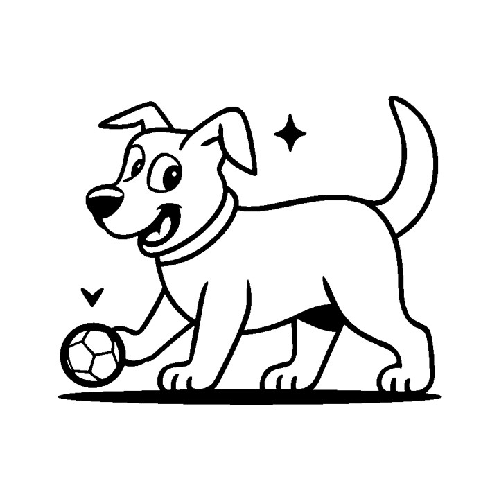 Dessin en noir et blanc d'un chien tout sourire style cartoon qui joue avec une balle