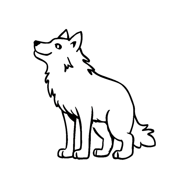 Dessin en noir et blanc d'un loup en position assise. Fond blanc, contour noir et épais.