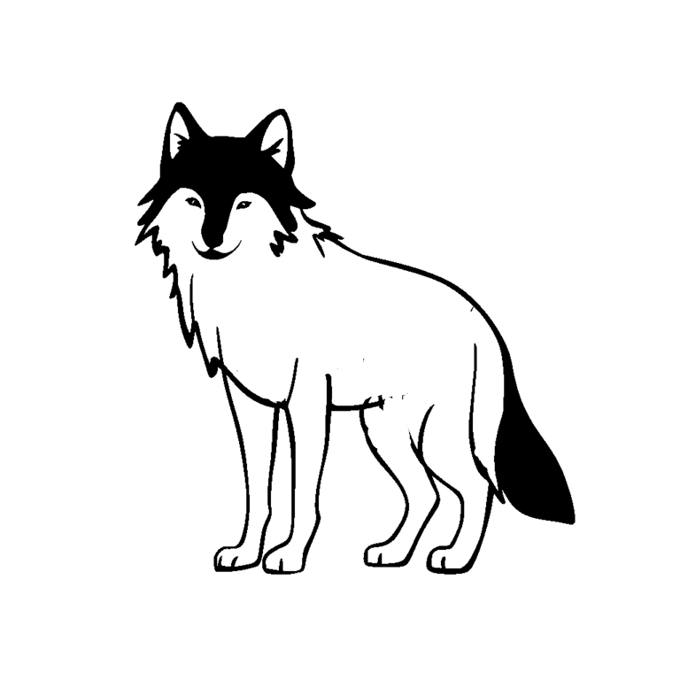 Dessin en noir et blanc simple d'un loup. Fond blanc.