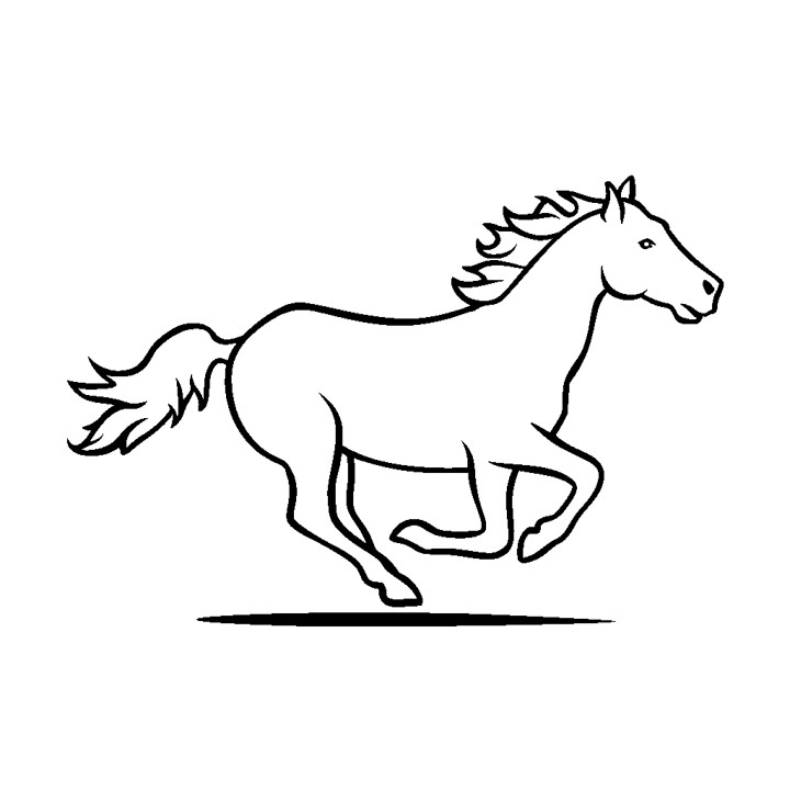 Dessin en noir et blanc simple d'un cheval en train de courir