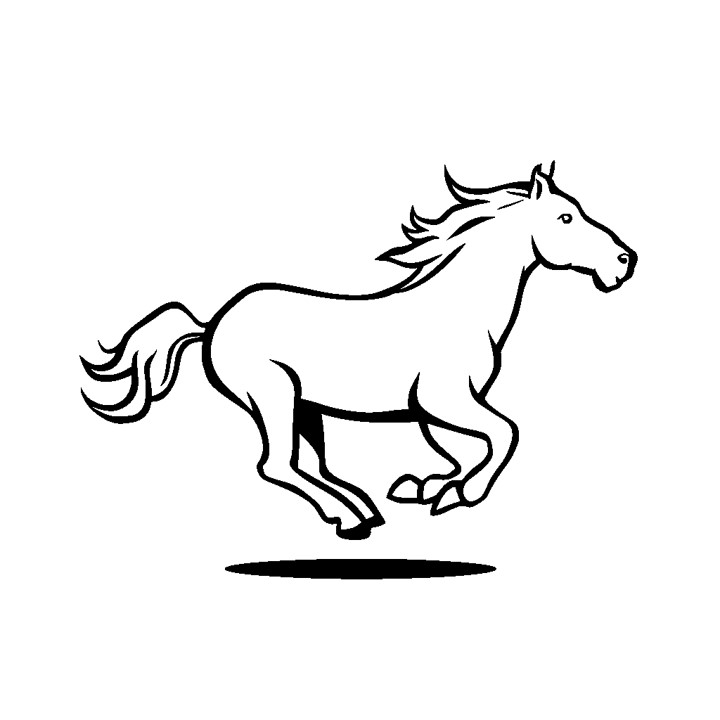 Dessin en noir et blanc d'un cheval qui court avec contour épais