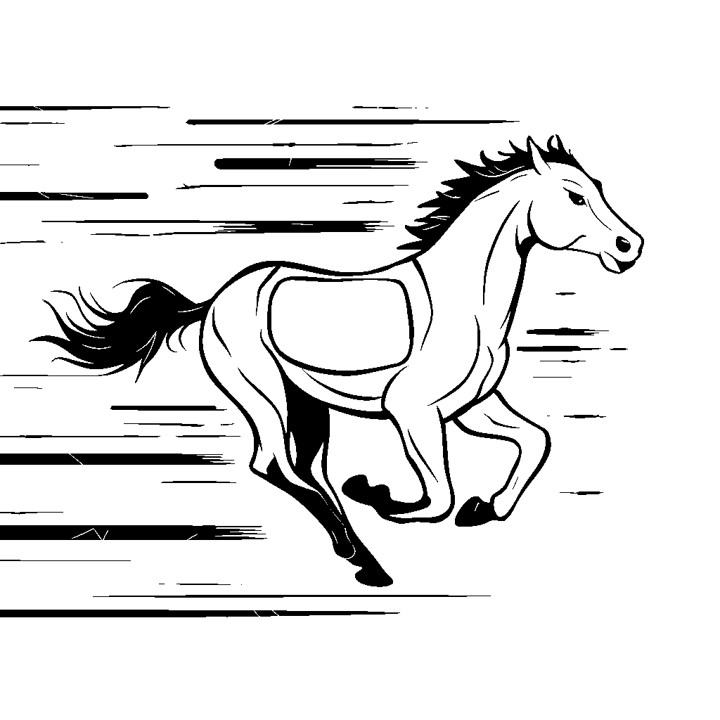 Dessin en noir et blanc d'un cheval qui court à toute allure