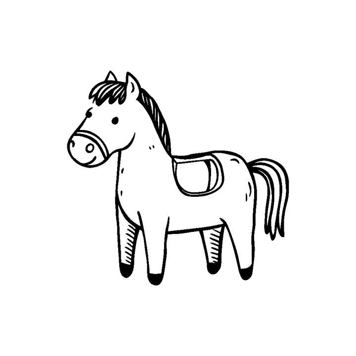 Dessin en noir et blanc style cartoon d'un petit cheval