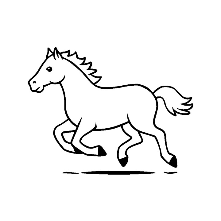 Dessin en noir et blanc simple et facile d'un cheval qui galope tranquillement