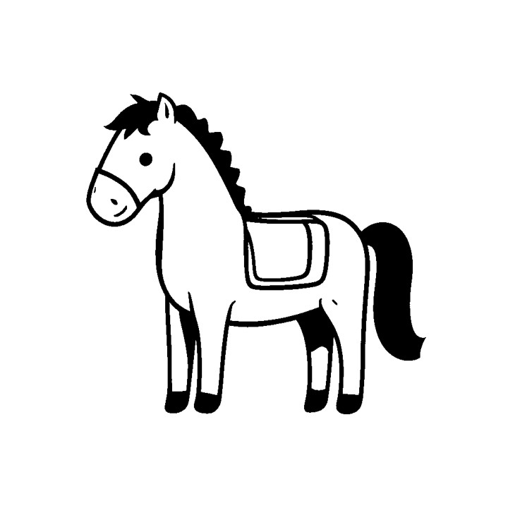 Dessin en noir et blanc simple et facile d'un petit cheval avec sa laisse