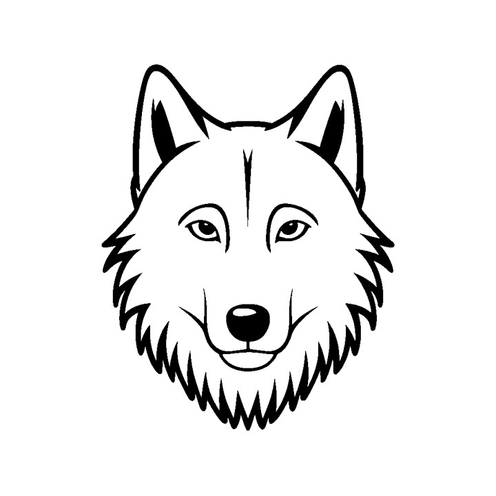 Dessin en noir et blanc d'une tète de loup, vue de face. Fond blanc, contour noir.