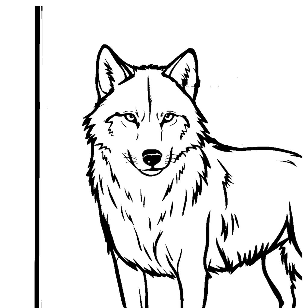 Dessin en noir et blanc assez réaliste mais pas entier d'un loup avec une sorte de mur derrière lui.