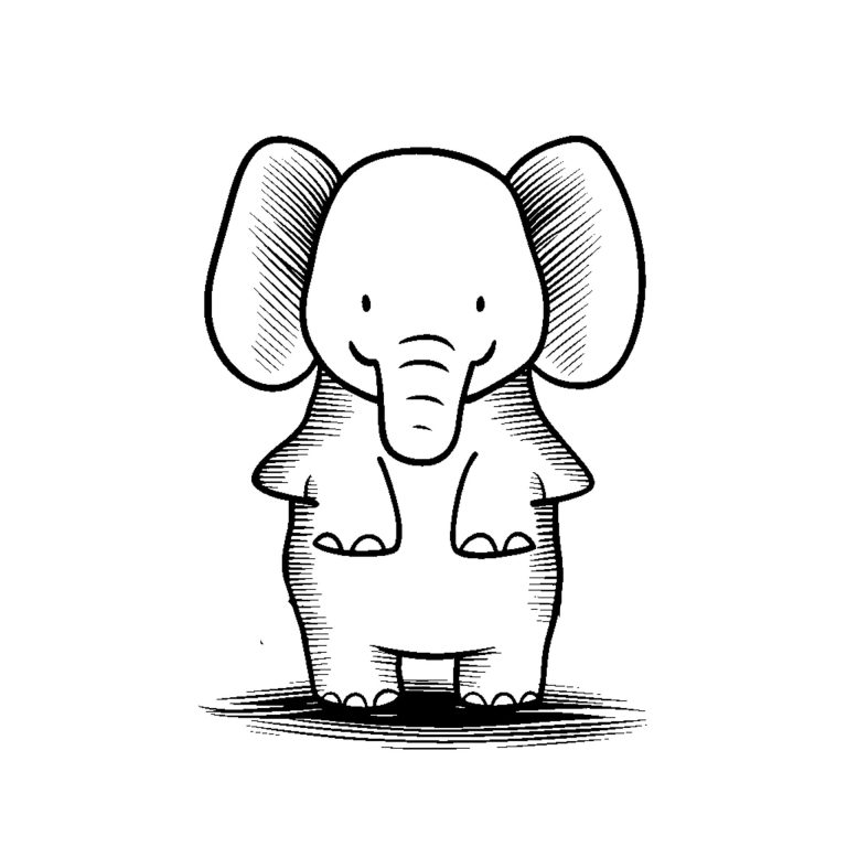 un dessin en noir et blanc d'un éléphant debout, avec des lignes audacieuses et des ombrages pour donner l'impression de forme et de profondeur. L'éléphant est représenté face à l'avant, avec ses oreilles et sa trompe bien visibles. Le fond est plat et simple, sans détails.