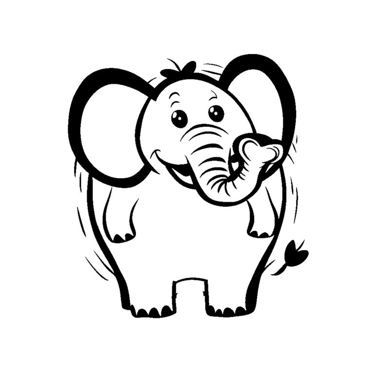 un charmant éléphant de dessin animé debout sur ses pattes arrière. Il a de grandes oreilles, une trompe et une petite queue. L'éléphant a une expression joyeuse avec de grands yeux et un sourire amical. Le dessin en ligne noir et blanc simple transmet un sentiment de gaieté et de chaleur.