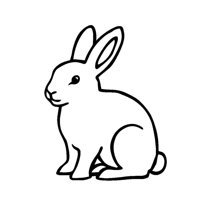 Dessin simple, en noir et blanc, d'un lapin. Le lapin est représenté en position assise, légèrement tourné vers la gauche. Ses oreilles sont dressées, ses yeux, son nez et sa bouche sont clairement dessinés. Le dessin est minimaliste, avec des contours marqués qui définissent la forme et les traits du lapin. Le lapin a un corps rond et une queue courte et duveteuse.