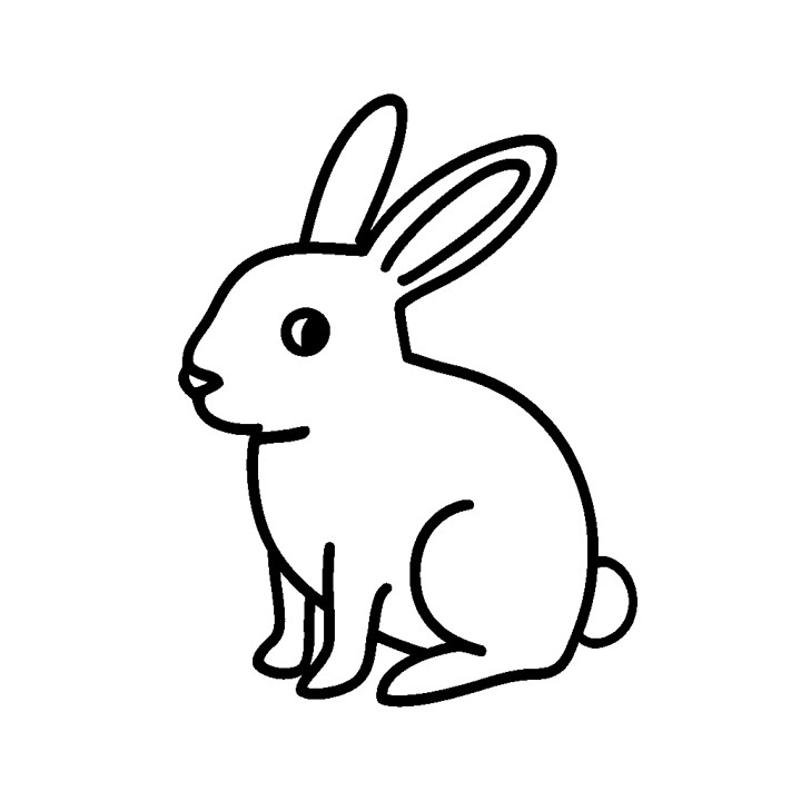 Un dessin au trait en noir et blanc d'un lapin. Ce dessin présente les caractéristiques suivantes : Le lapin est en position assise, légèrement tourné vers la gauche. Ses oreilles sont droites et bien dessinées. Les yeux, le nez et la bouche sont clairement dessinés, ce qui donne au lapin un visage simple mais expressif. Les contours du dessin sont gras et épais, ce qui donne un aperçu clair et distinct de la forme du lapin. Le lapin a un corps rond et une queue courte et duveteuse. Le style du dessin est minimaliste, se concentrant sur les caractéristiques essentielles du lapin pour créer une représentation reconnaissable et directe. C'est une représentation claire et simple d'un lapin, utilisant des lignes épaisses pour souligner sa forme et ses caractéristiques.