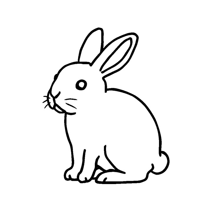 Dessin en noir et blanc qui représente un lapin assis, les yeux ouverts. Le lapin a un visage rond et mignon. Ses oreilles sont dressées et il est assis sur le sol avec un fond blanc. La fourrure du lapin est un mélange de couleurs noires et blanches, ce qui crée un contraste saisissant. Cette image peut être utilisée comme référence pour dessiner des lapins ou comme source d'inspiration pour créer des œuvres d'art. Idéal pour coloriage pour les tout petits.