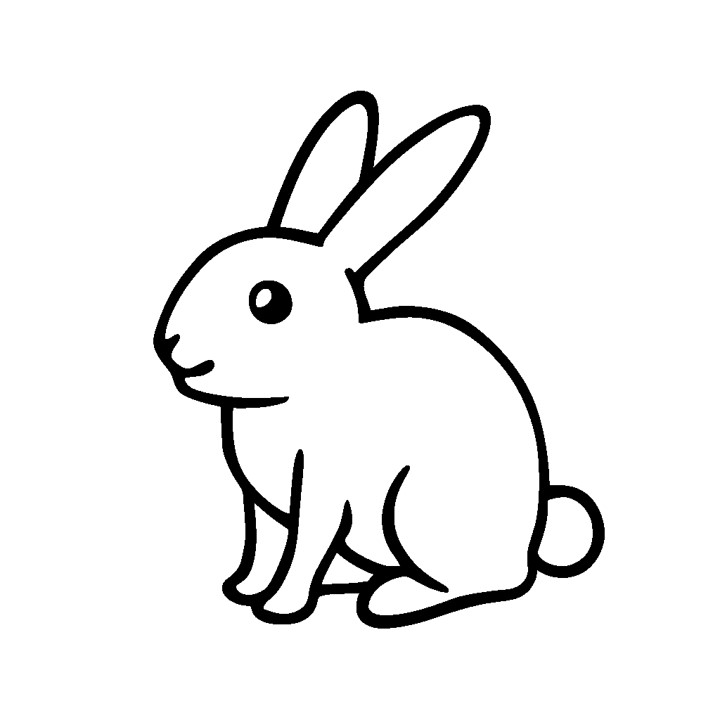 Dessin au trait en noir et blanc d'un lapin qui est assis de profil, légèrement tourné vers la gauche. Ses oreilles sont droites et légèrement inclinées vers l'arrière, ce qui lui donne un air alerte. L'œil du lapin est un simple cercle, son nez et sa bouche sont très peu détaillés, avec quelques lignes. Le dessin utilise des traits gras et épais pour dessiner la forme du lapin. Le corps du lapin est rond et sa queue est courte et arrondie. Les pattes et les pieds sont simples, avec les pattes avant positionnées ensemble et les pattes arrière repliées sous le corps.