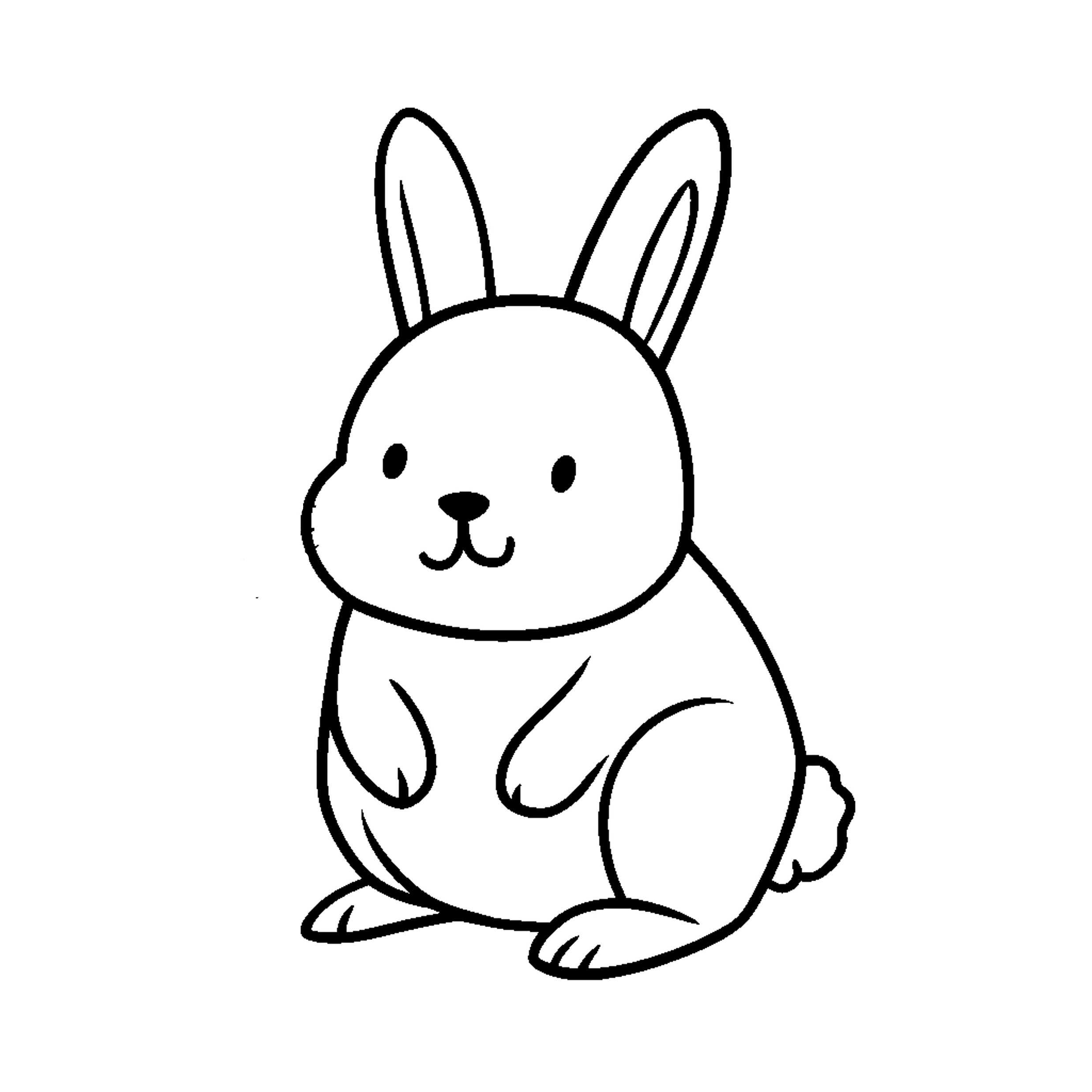 Cette illustration en noir et blanc représente un adorable lapin qui est assis sur ses pattes arrière. Le dessin est simple mais détaillé. Les yeux du lapin sont grands et expressifs, ce qui ajoute à son charme. Le contraste entre les contours noirs et le fond blanc rehausse l'aspect général du dessin.