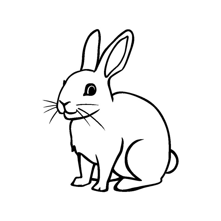 Un simple dessin en noir et blanc d'un lapin. Le lapin est tourné vers la droite, ses oreilles sont dressées et ses pattes avant sont posées sur le sol. Il a une tête ronde, de petits yeux et un petit nez. Le dessin est simpliste, sans trop de détails ni ombres. Il n'y a pas de texte ni d'arrière-plan dans l'image, juste un fond blanc. La posture et l'expression faciale du lapin suggèrent une attitude calme et satisfaite.