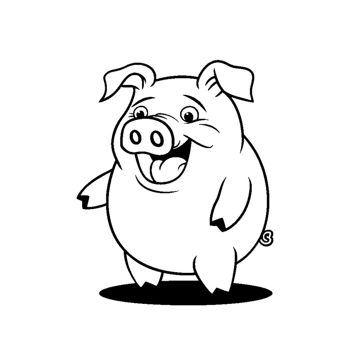 un dessin en noir et blanc d'un cochon debout sur ses pattes arrière. Le cochon semble souriant et a une expression joyeuse sur son visage. Il est représenté avec un style de dessin simple, sans ombrage, ce qui lui donne un aspect plat. Le corps du cochon est principalement blanc avec des contours noirs, et les yeux, le nez et la bouche sont noirs. Les oreilles du cochon sont petites et pointues, et sa queue est courte et courbée. Le cochon se tient sur son ombre, qui est une forme simple et plate. L'arrière-plan est blanc uni et il n'y a pas d'autres objets ou personnages dans l'image.