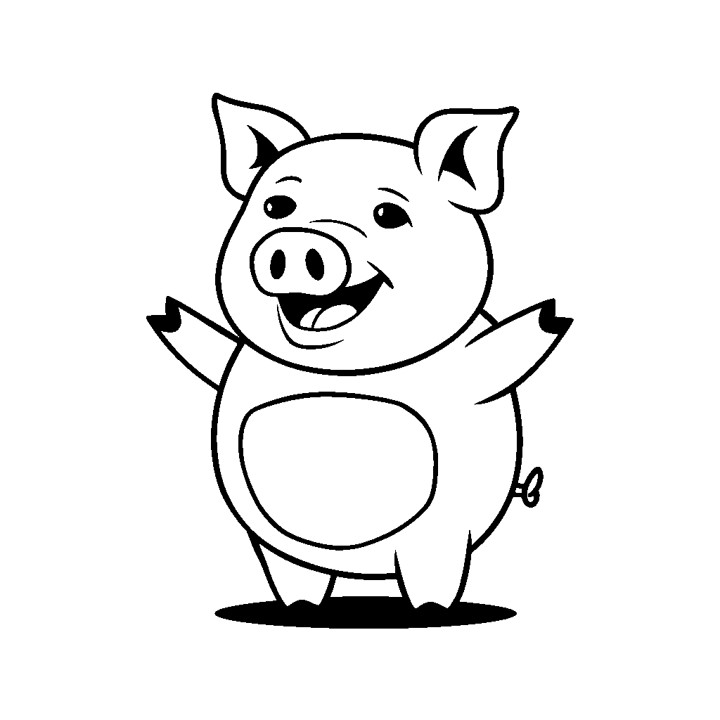 un dessin en noir et blanc d'un cochon de dessin animé. Le cochon est représenté debout, avec ses pattes avant étendues, ses pattes arrière repliées et sa tête tournée vers le côté droit de l'image. Les yeux du cochon sont grands ouverts et sa bouche est courbée en un sourire. Les oreilles du cochon sont petites et pointues, son nez est grand et rond, et son corps est de forme ronde. Le cochon est dessiné dans un style très simpliste, sans ombrage ni ombres, juste des contours des différentes parties du corps du cochon. L'image est une représentation simple et cartoon d'un cochon et ne comporte pas de détails supplémentaires comme la couleur ou l'ombrage.