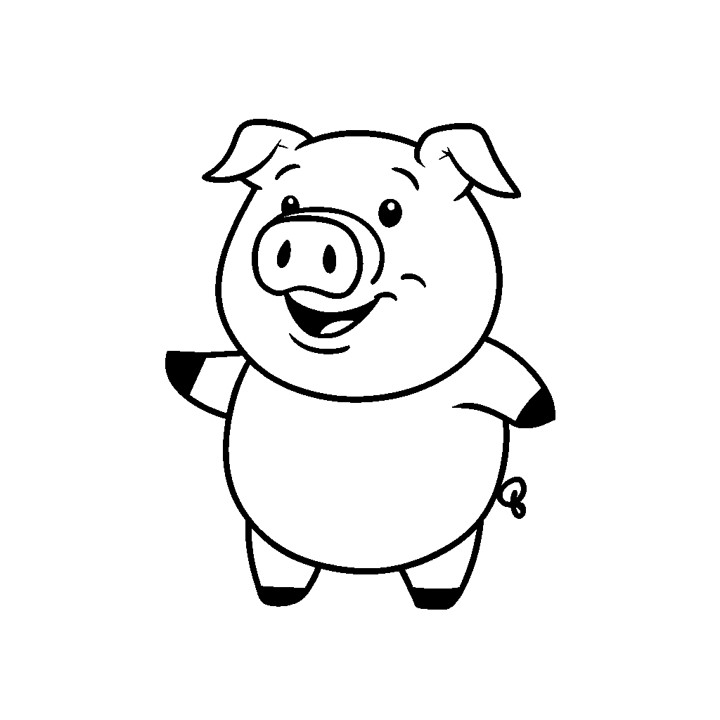 un dessin en noir et blanc d'un cochon de dessin animé. Le cochon est debout avec sa queue enroulée et a une expression joyeuse sur son visage. Le dessin est simple et cartoon avec aucun autre détail ou arrière-plan.