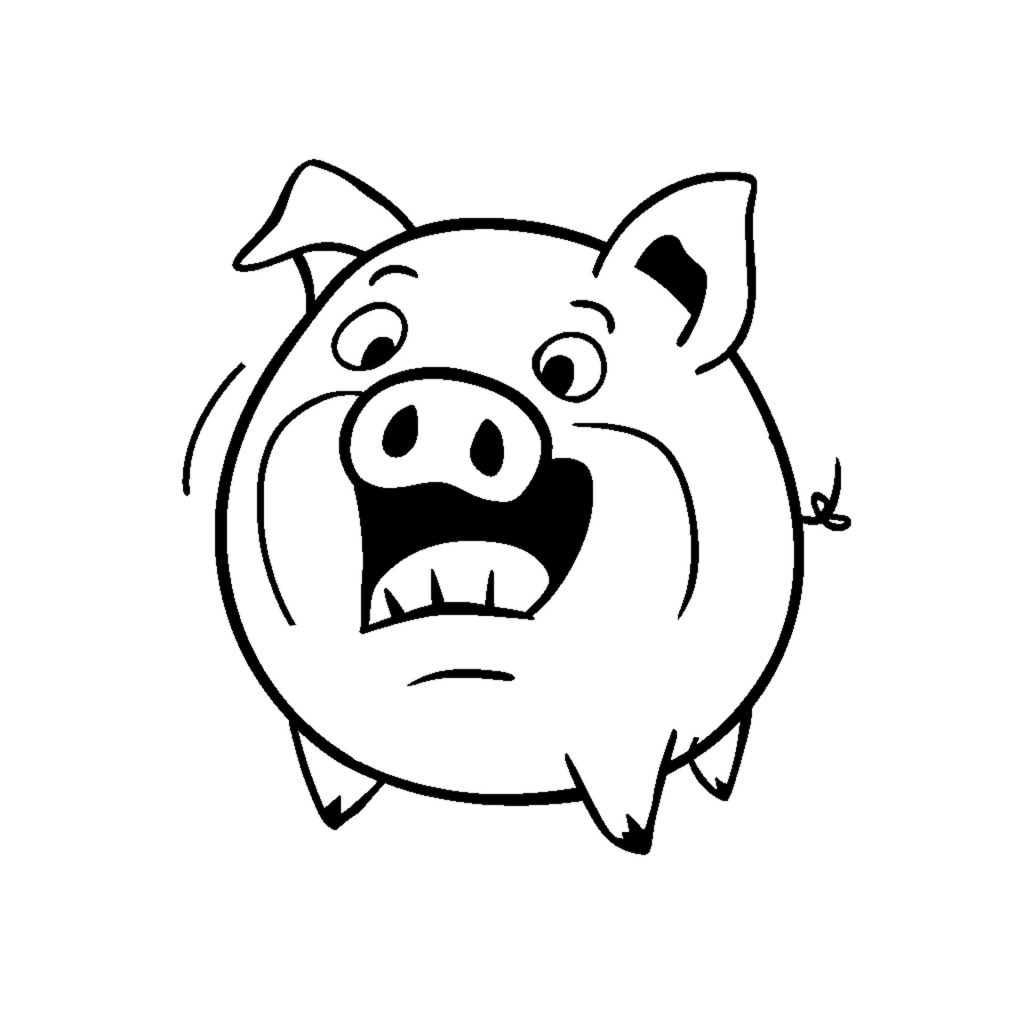 Un dessin en noir et blanc d'un cochon anthropomorphe. Le cochon semble surpris ou choqué, avec un regard écarquillé et une bouche ouverte, comme s'il venait d'entendre quelque chose d'inattendu. Le cochon est représenté avec une tête ronde et large, deux grandes oreilles et un museau. Le dessin est assez simpliste et ne contient pas d'ombrage ni de couleur, seulement des lignes. L'image est un dessin minimaliste sans détails supplémentaires, mettant l'accent sur l'expression faciale du personnage.