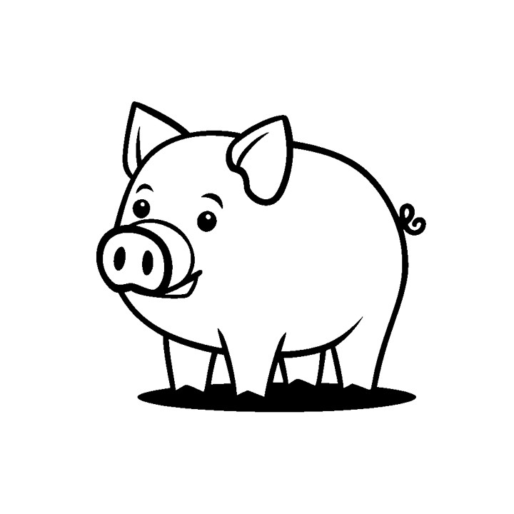 un dessin simple en noir et blanc d'un cochon. Le cochon est au centre de l'image, debout sur ses quatre pattes. Il a une tête ronde avec de grands yeux et un petit museau. Le cochon a un long museau et une queue courbée. L'image est simple, sans autres éléments ou détails.