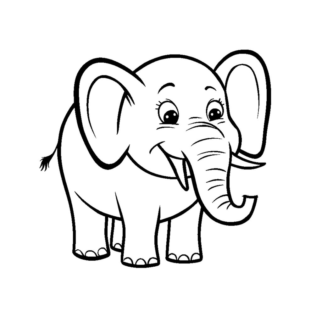 un dessin simple en noir et blanc d'un éléphant. On peut voir sa trompe courbée, ses grandes oreilles et sa petite queue. Le style est cartoon et l'illustration est détaillée et propre.